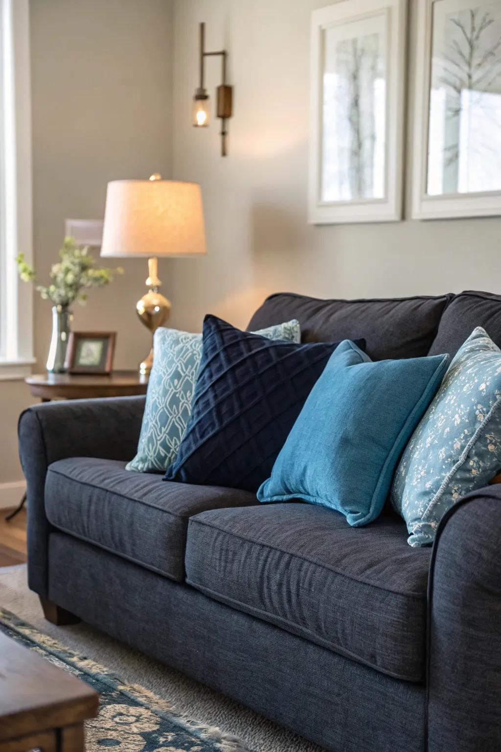Serene shades of blue cushions harmonize with the dark grey sofa.