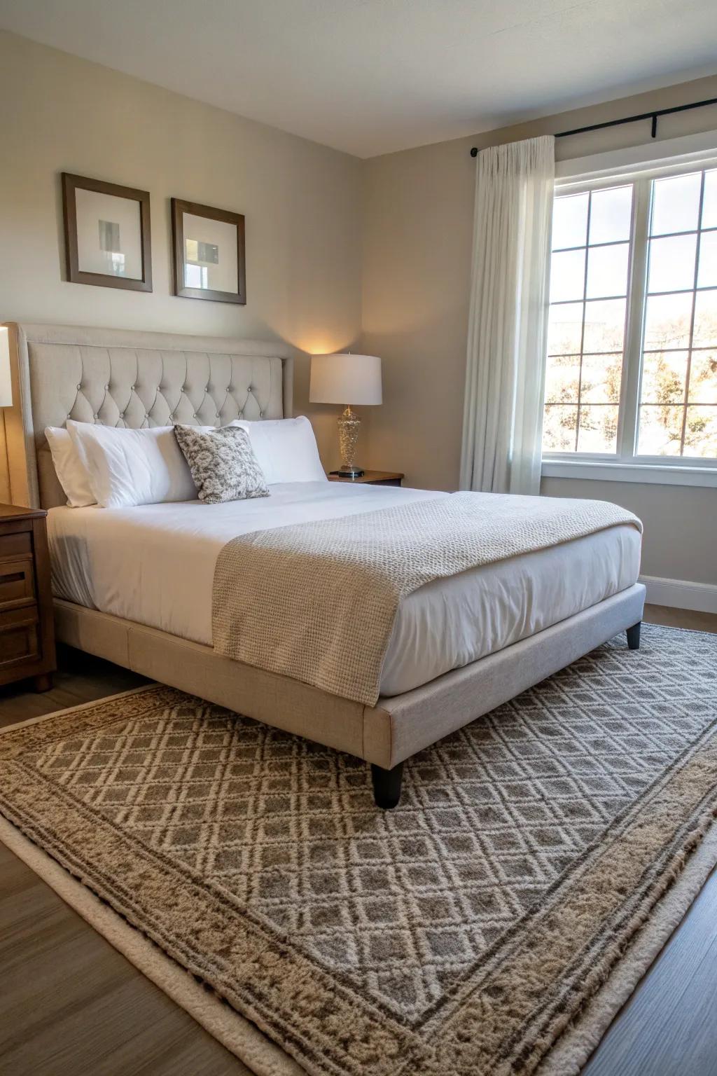 The 5x8 floor covering delivers an even, adaptable resolution for an inviting sleeping chamber setting.