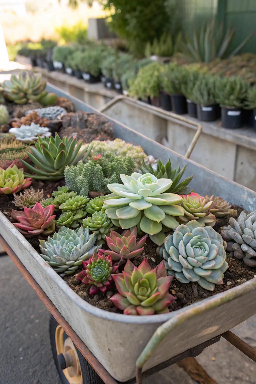 A chic succulent arrangement showcased in a garden wheelbarrow.