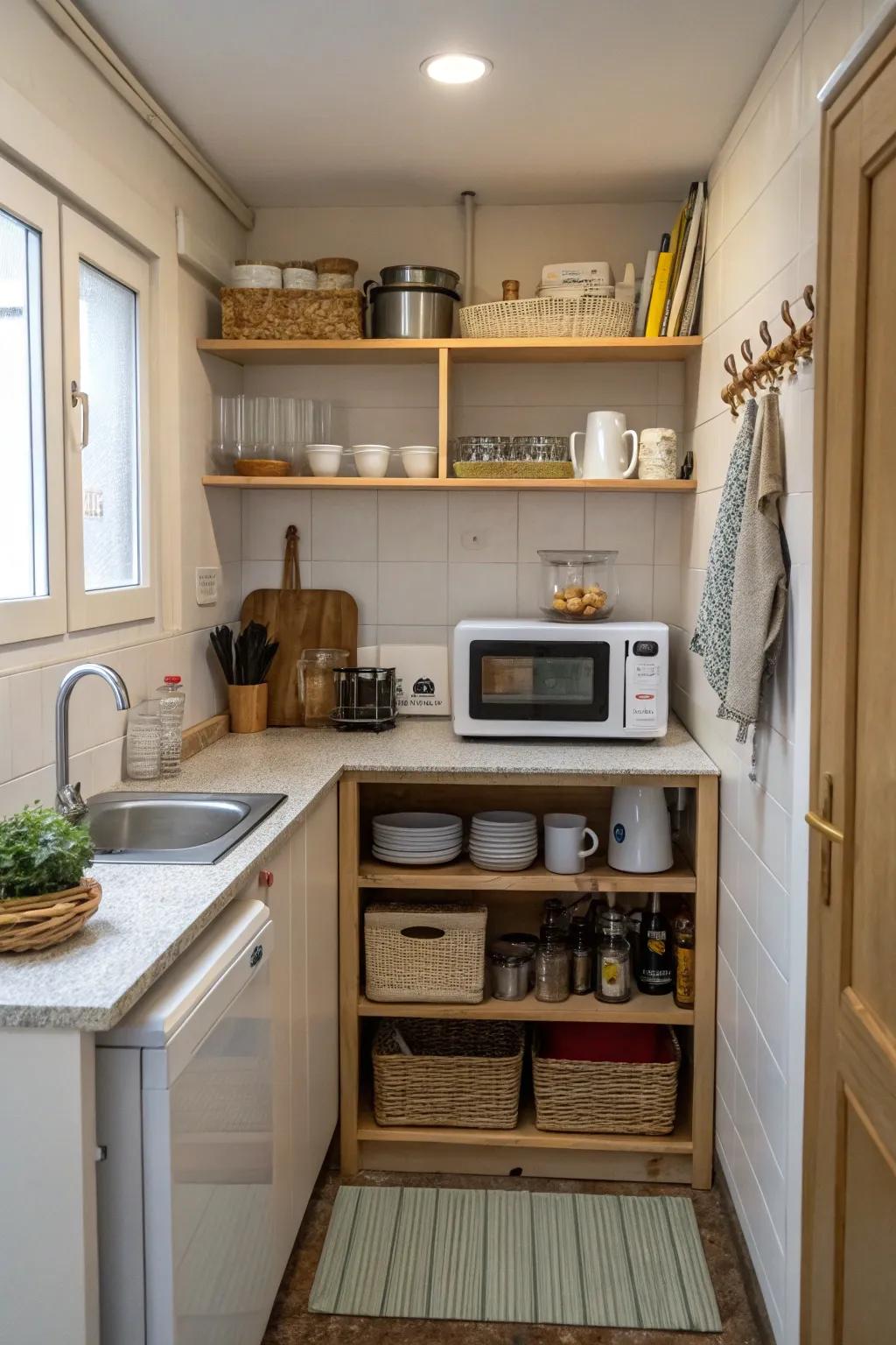 Microwave situated on exposed shelves for accessible use and a stylish flair.