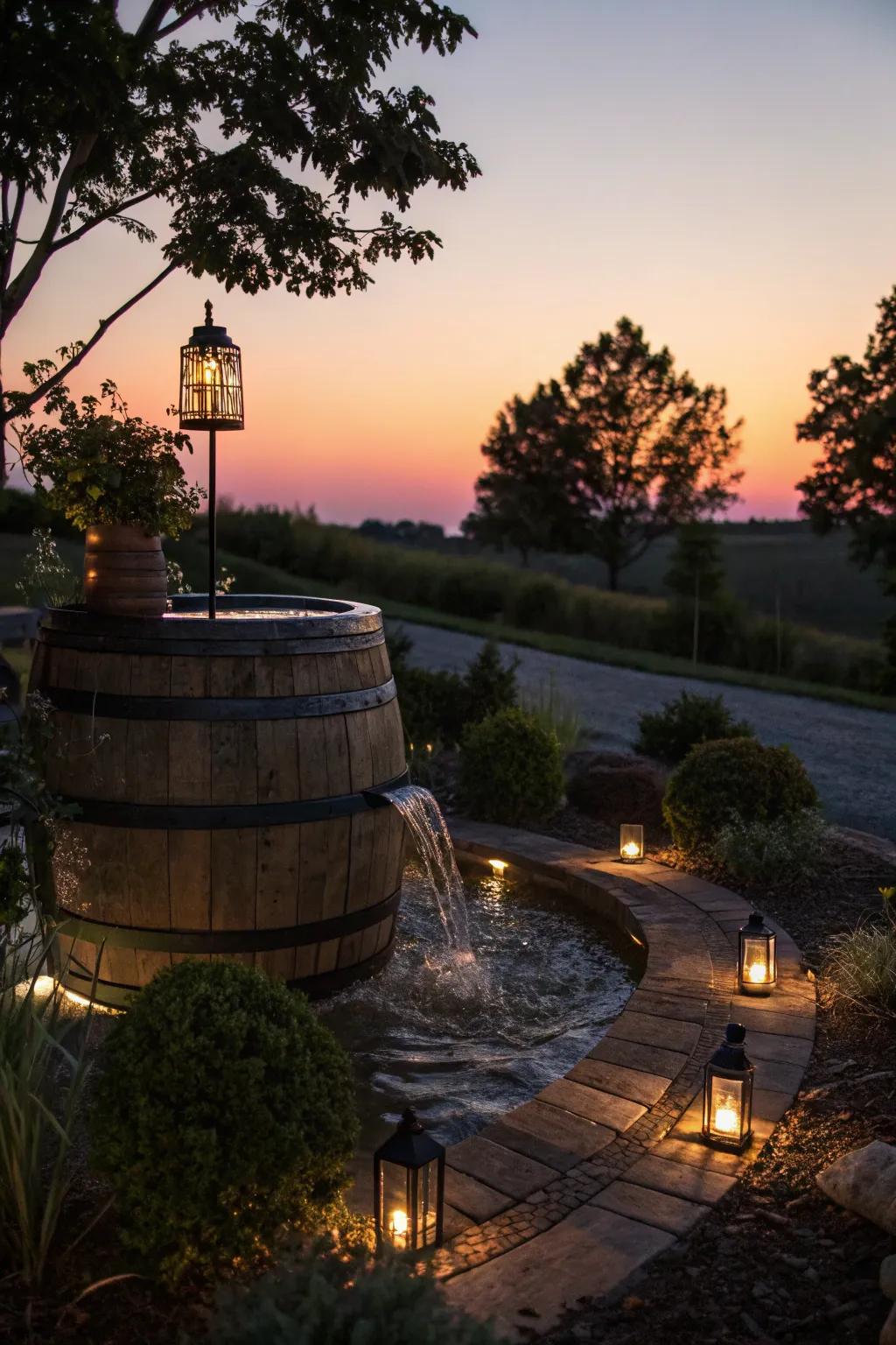 An enchanting salvaged liquor cask liquid feature with solar illumination for a serene atmosphere.