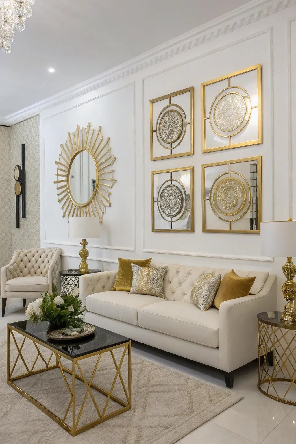Wall decorations blending gold and white become a captivating focal point.