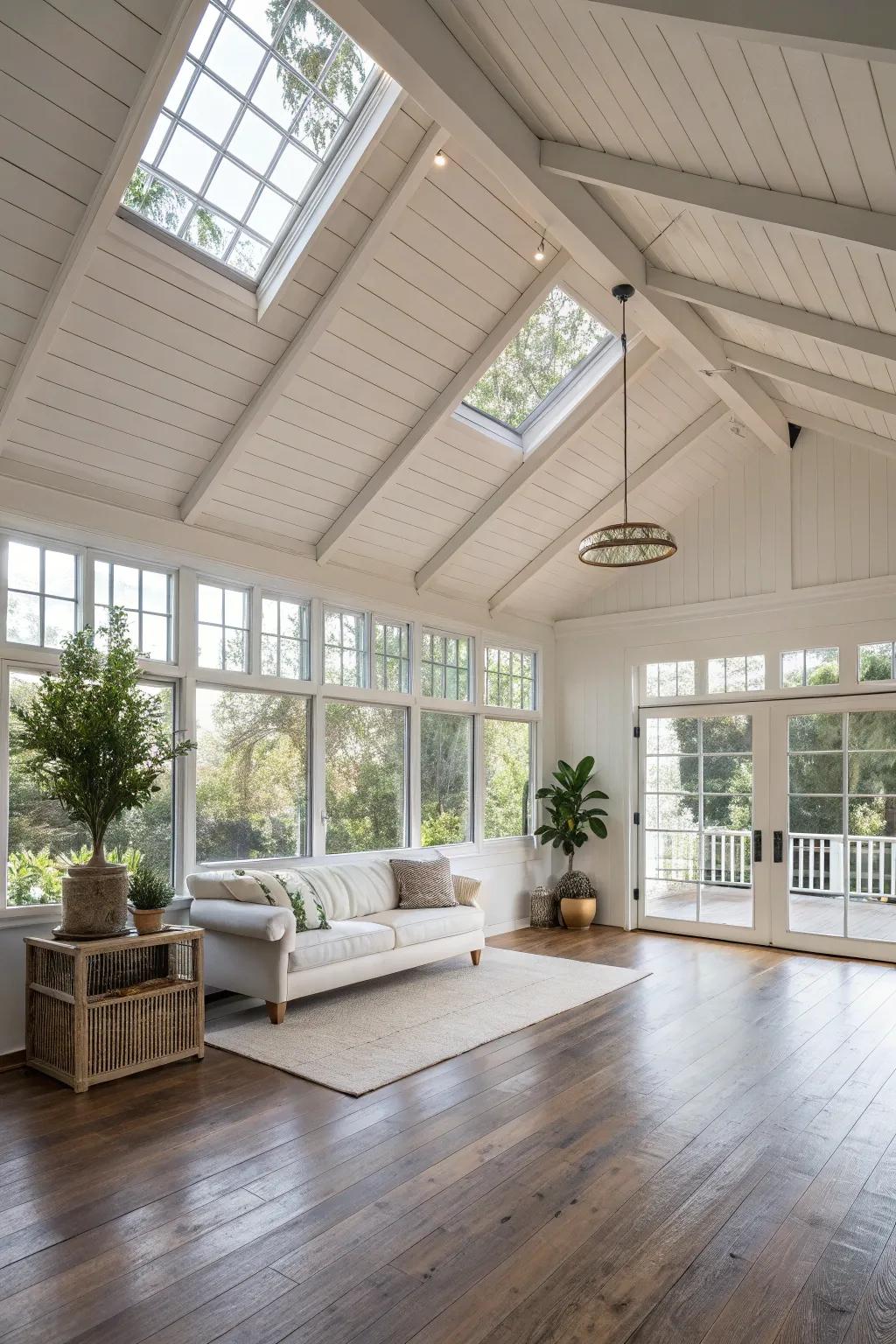 An open-plan living area with a white ceiling that amplifies the sensation of space and light.
