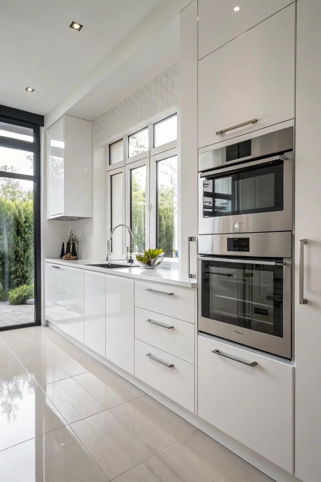 Refined silver fittings for a modern minimalist cooking area layout.