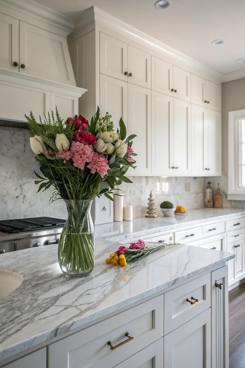 Granite countertops enhance the sophisticated look of white cabinets.