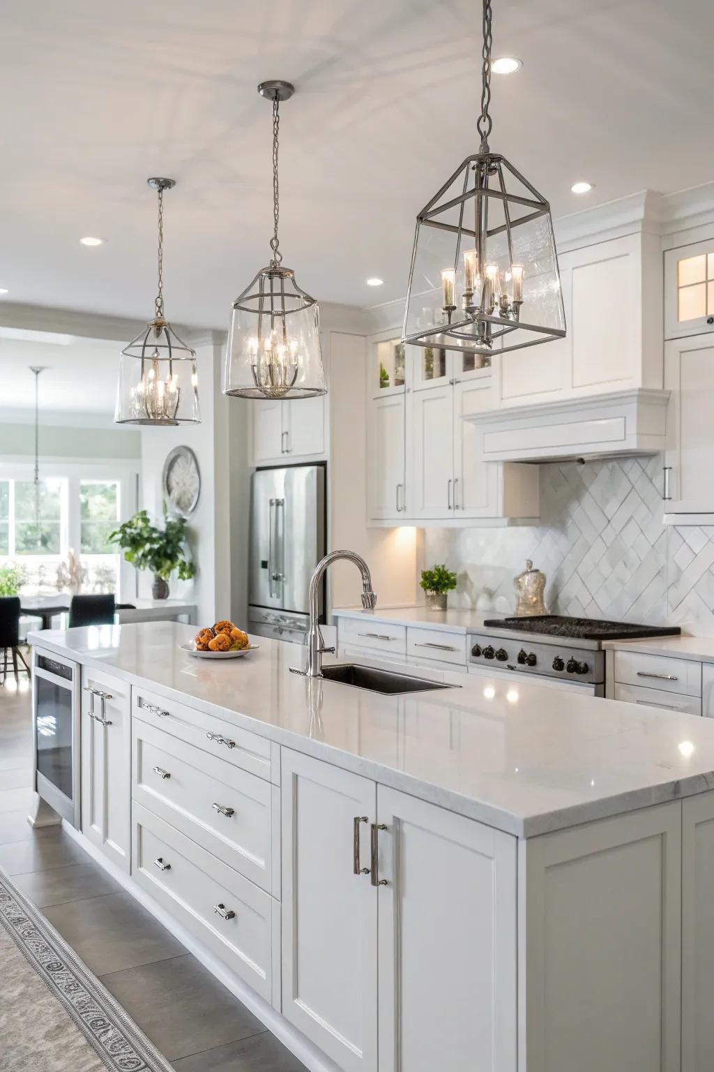 Reflective white cabinets produce a streamlined and modern appearance in this bright kitchen.