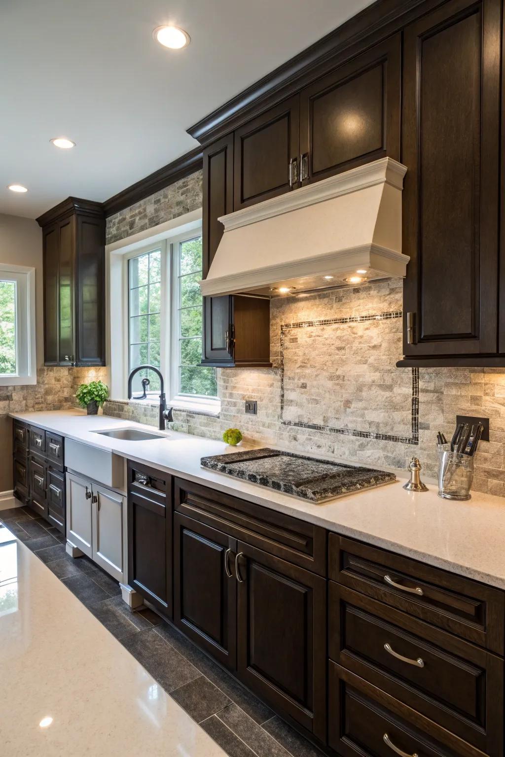Remarkable juxtaposition with shadow quartz backsplash in the kitchen.