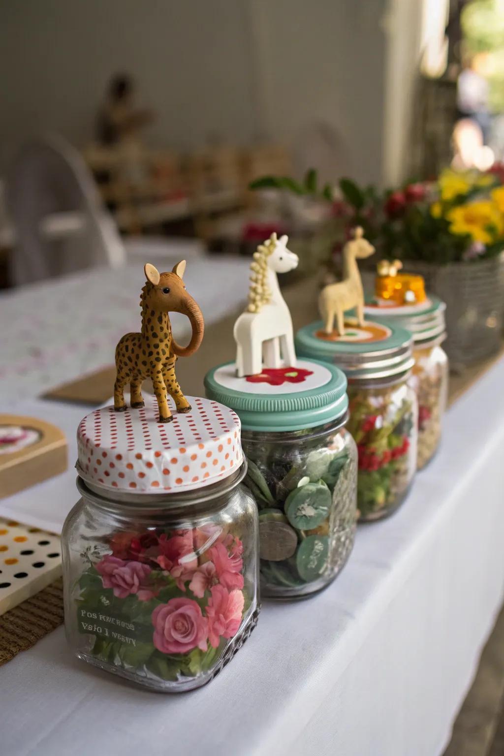 Glass containers ornamented with delightful creature figurines.