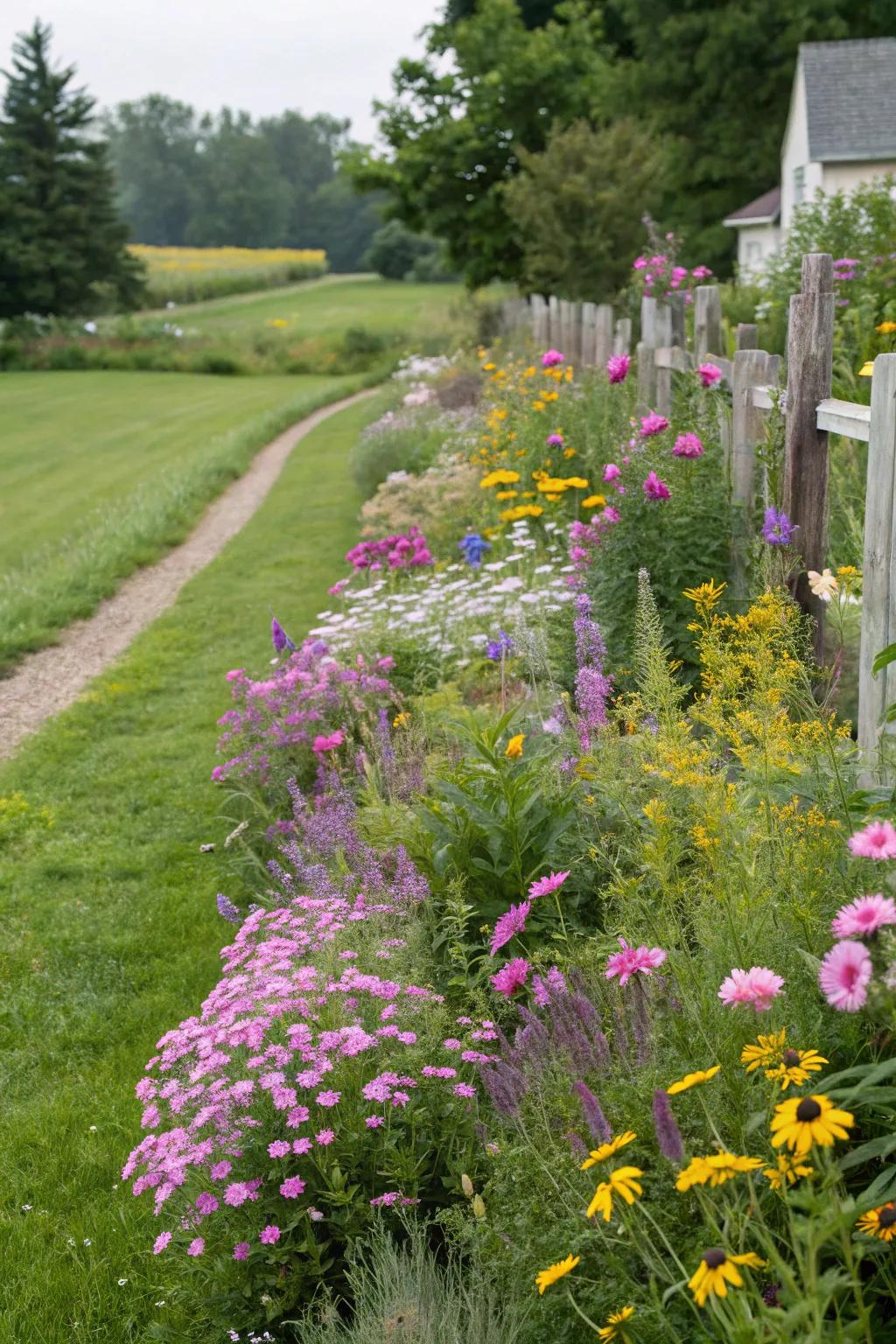 Wildflowers naturally defining the borders in a garden landscape.