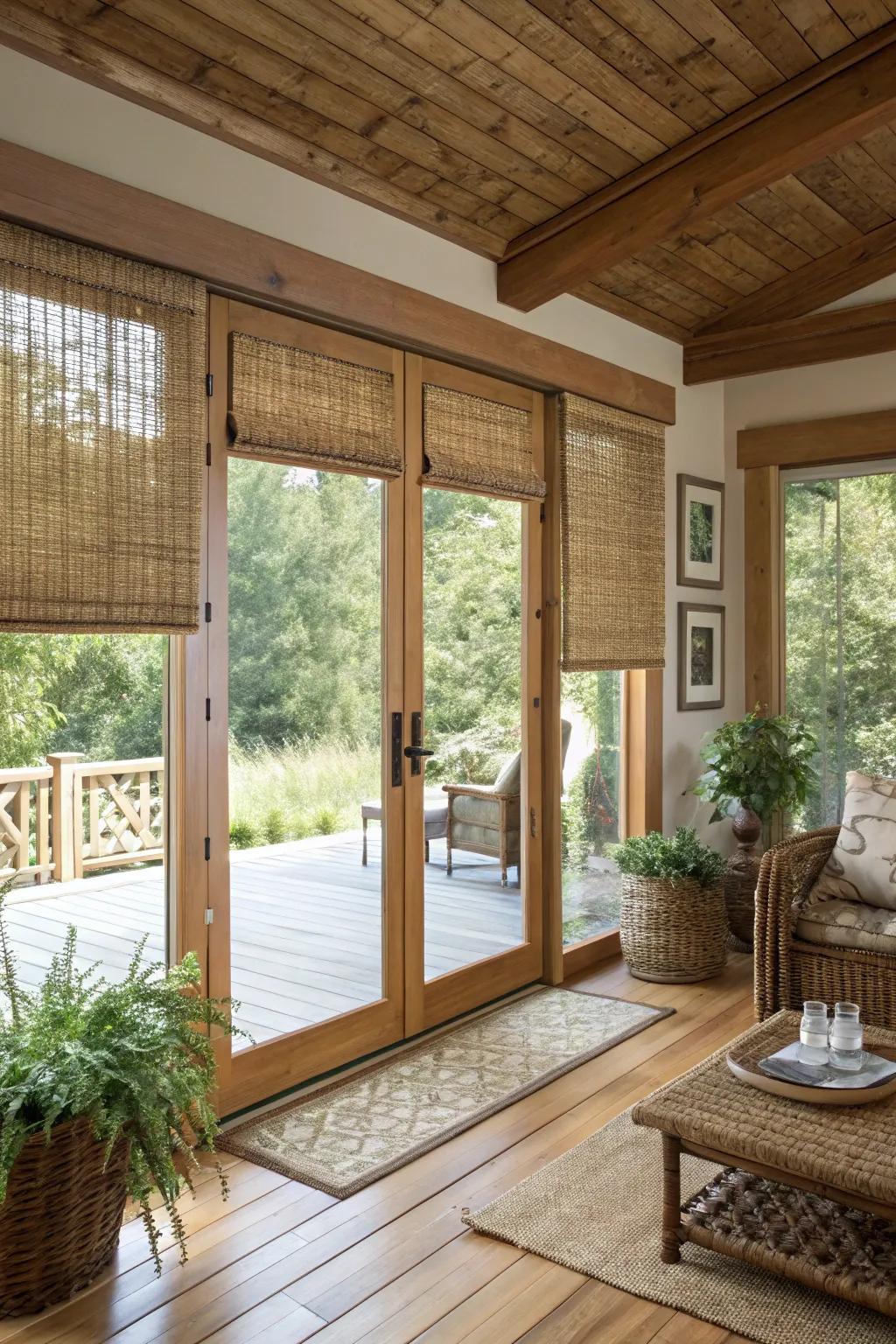 Textured wood window treatments imbue natural texture and coziness.