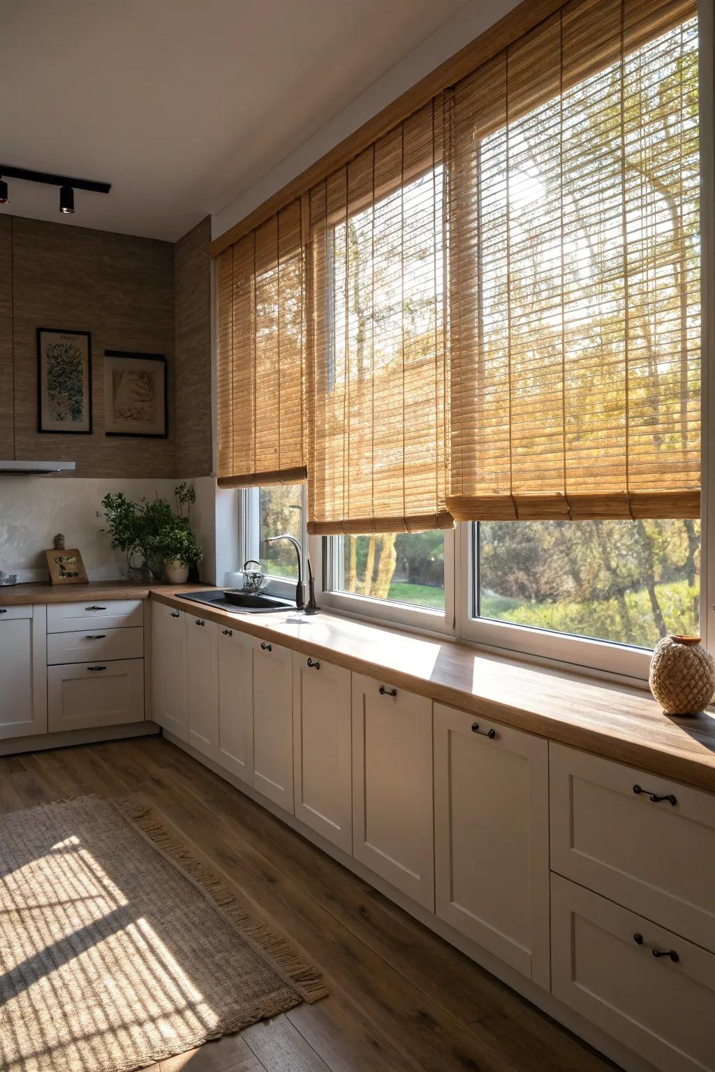 Bamboo window coverings lend a sense of warmth and natural appeal to this kitchen.
