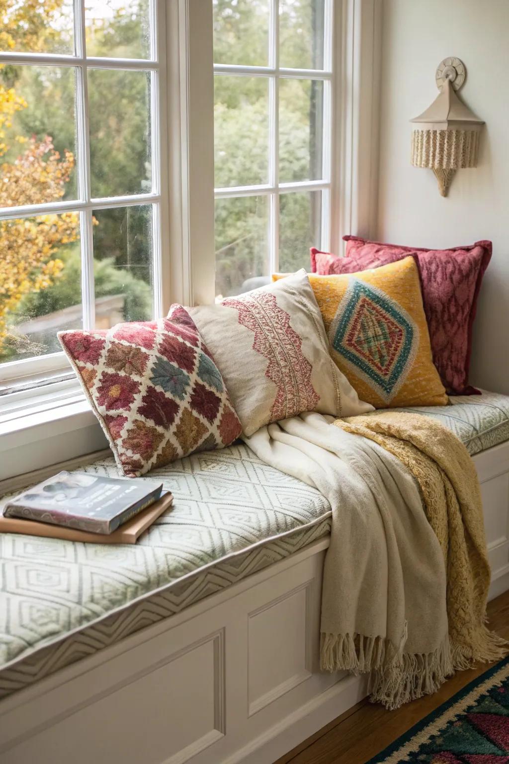 A window seat decorated with an assortment of plush cushions, introducing warmth and uniqueness.