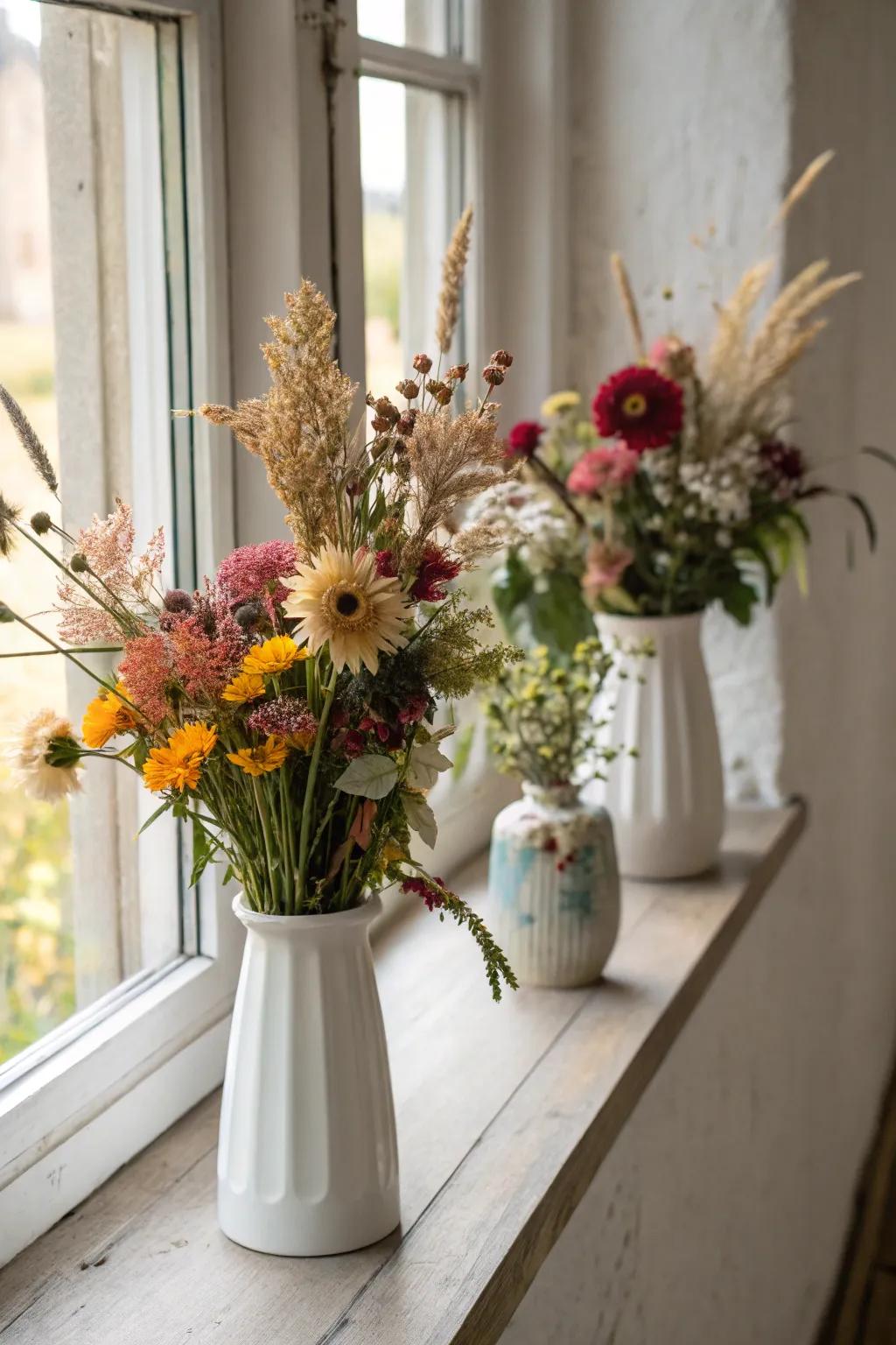 Vases of both fresh and dried flowers enhancing the refinement of this window sill.