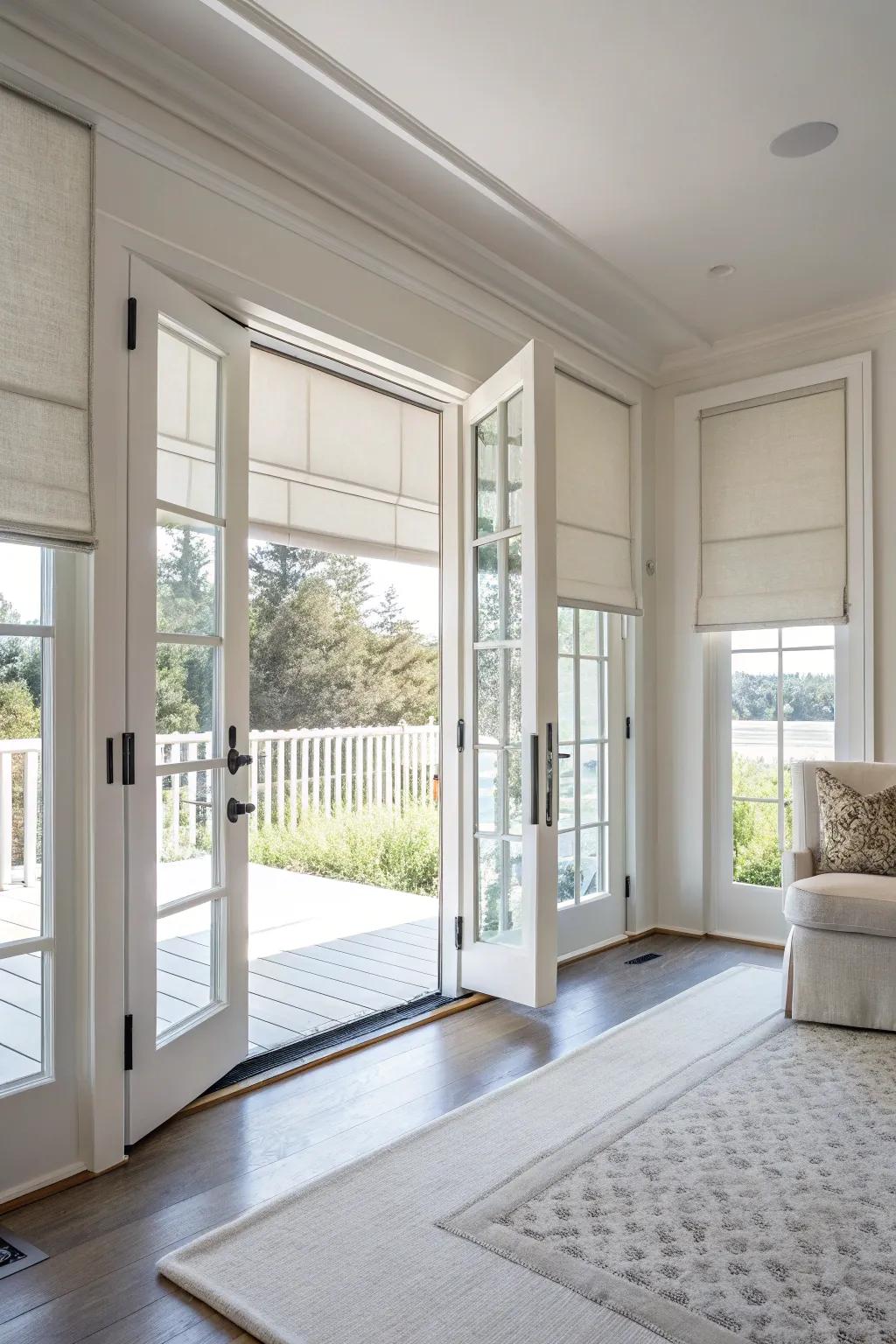 Roller blinds present a polished, modern silhouette for French doors.