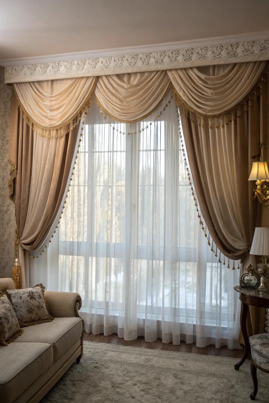 Layered valances paired with sheer curtains for a luxurious ambiance.