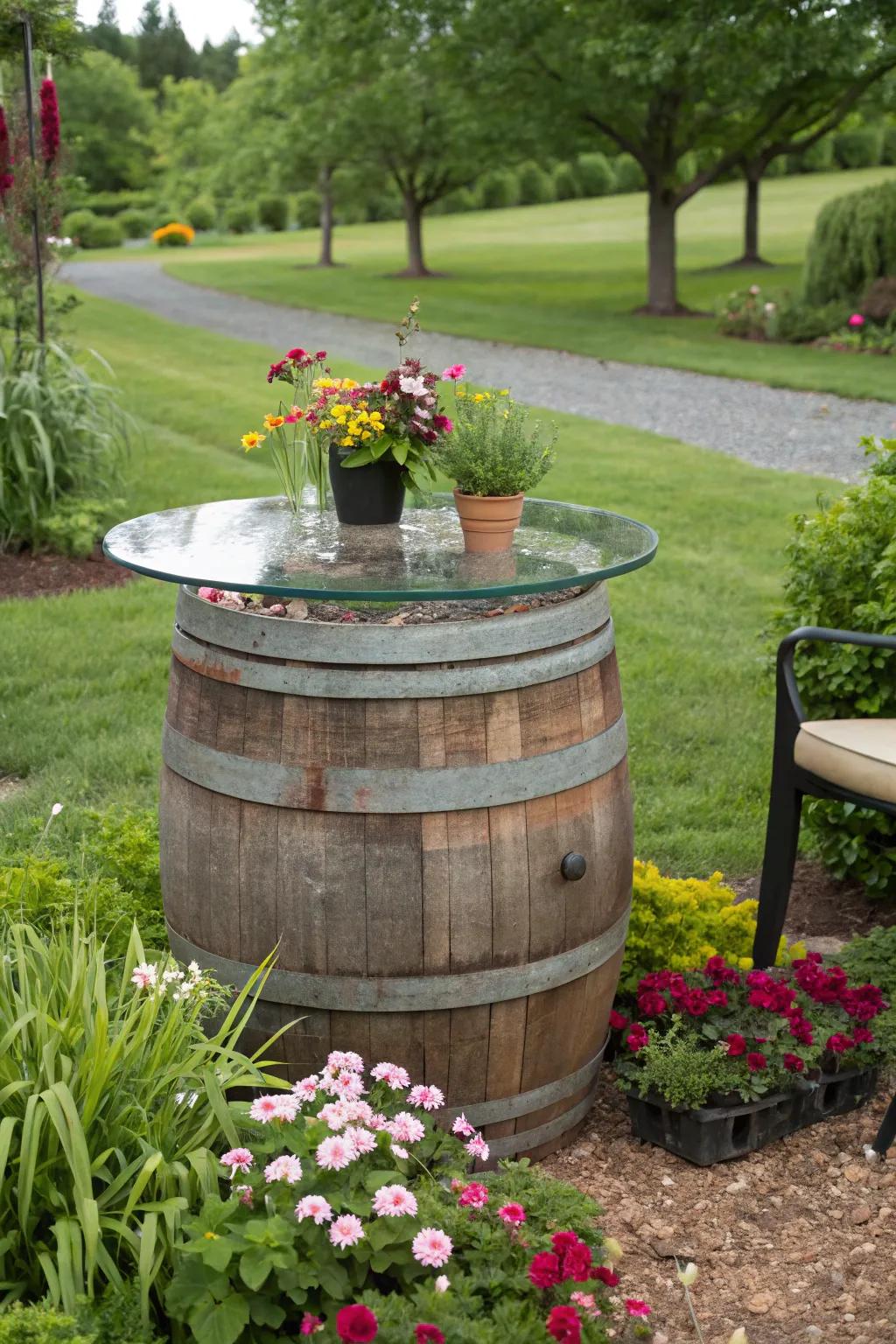 A wine barrel table fulfilling dual functions.