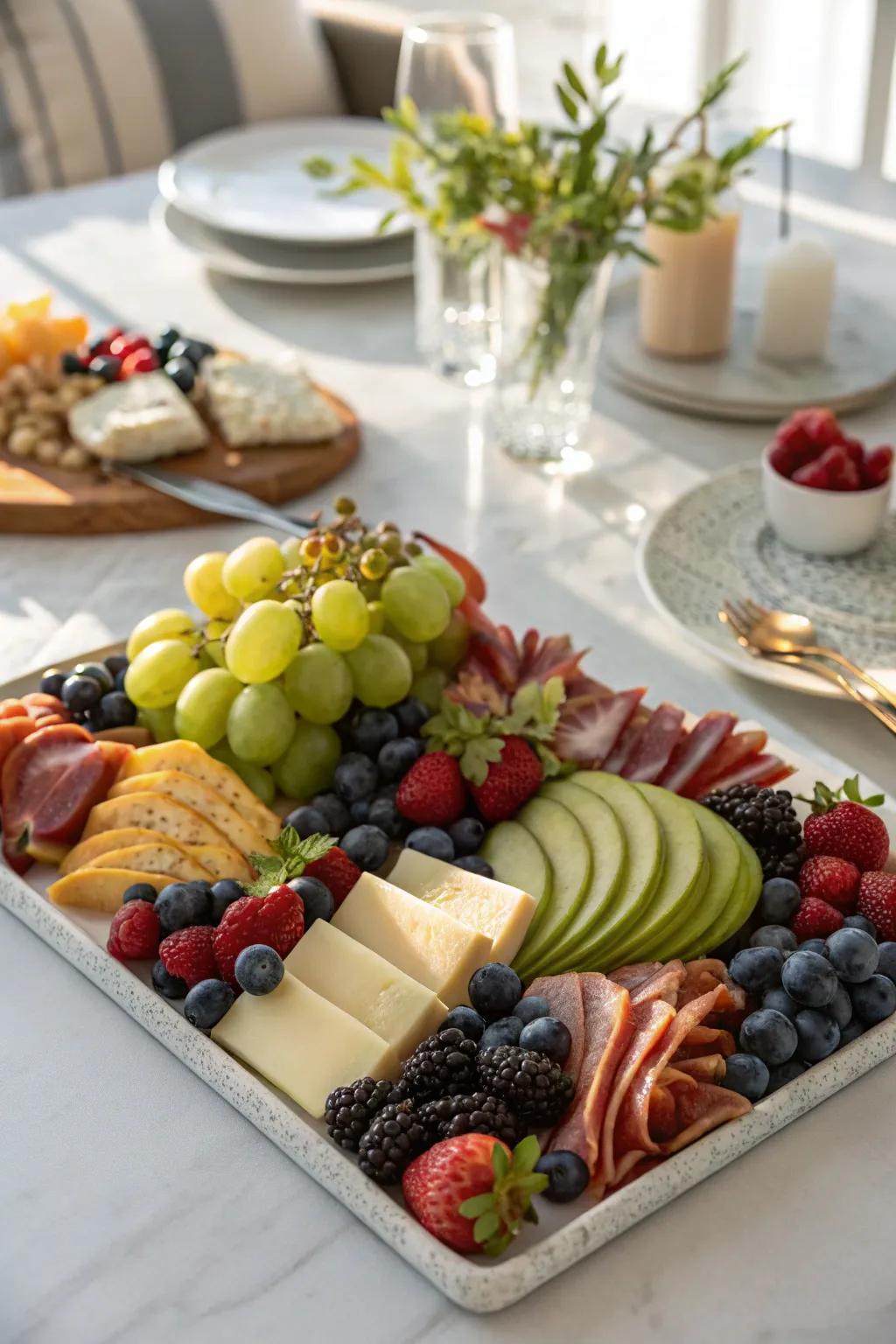 Fruits contribute radiance and equilibrium to the presentation.