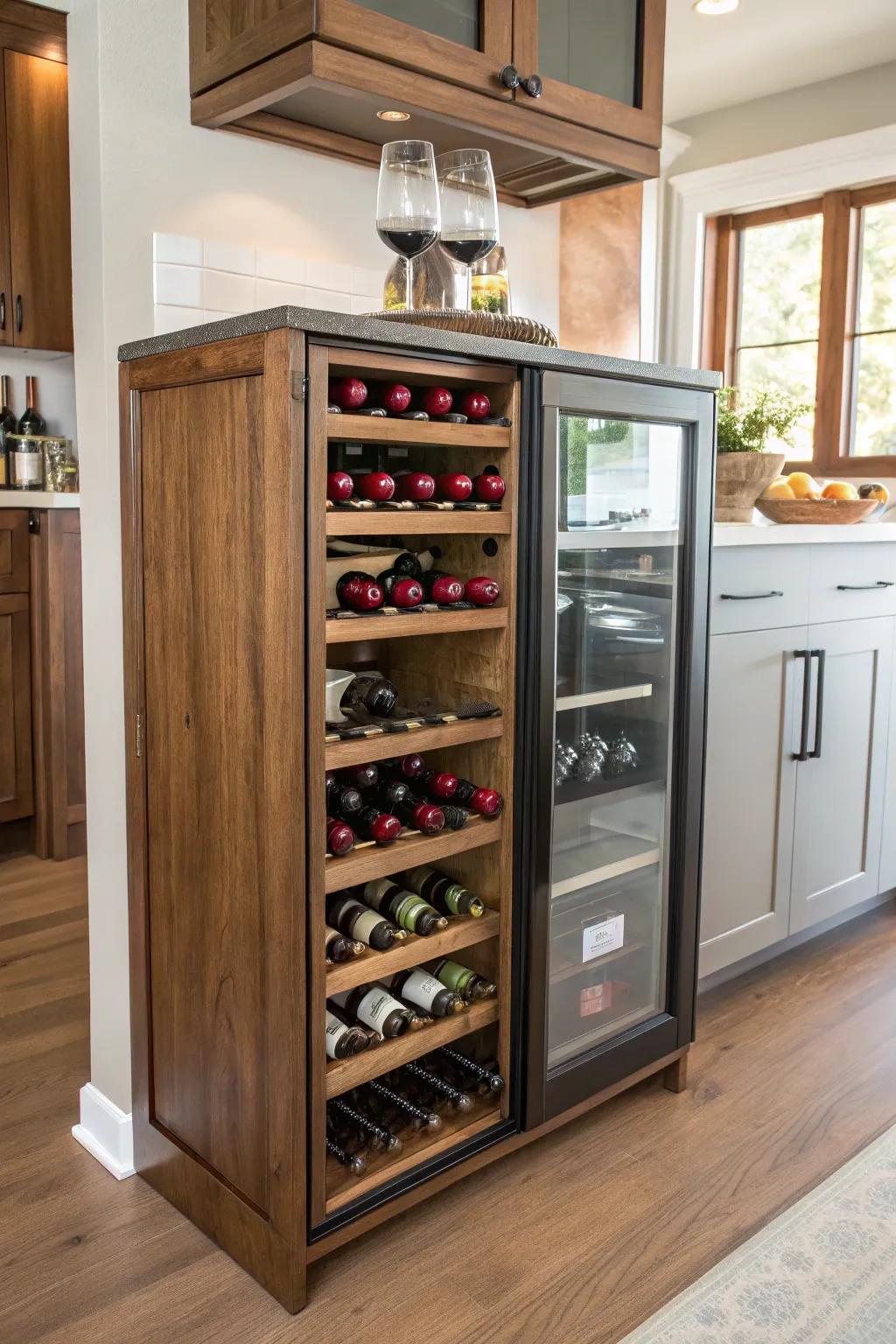 A compact wine cellar cabinet offers a blend of elegance and structured organization.