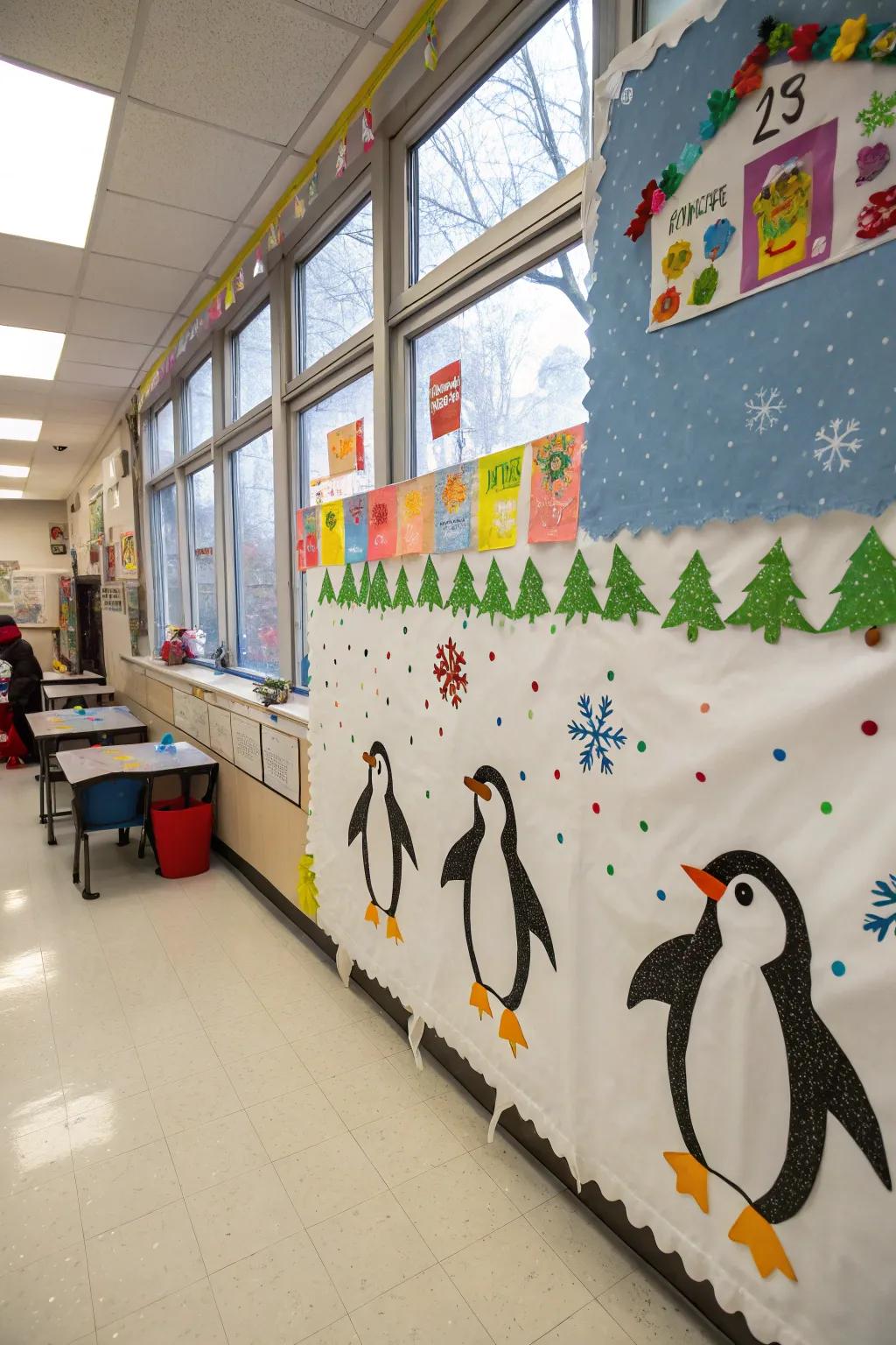 A procession of penguins imparts charm to the winter bulletin board.