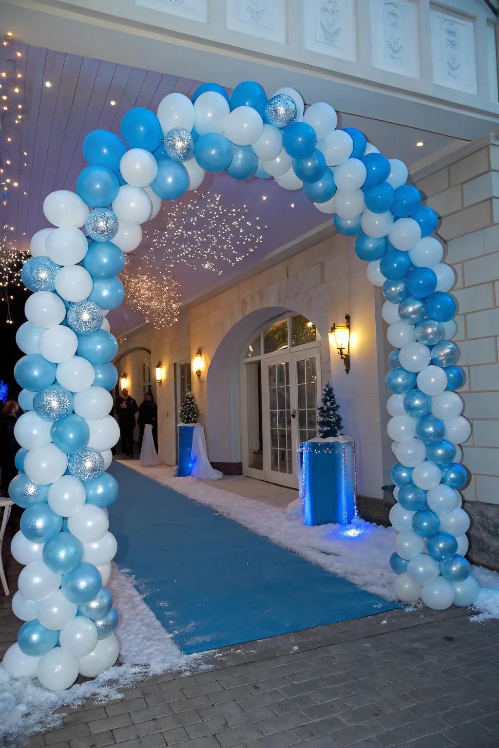 A balloon archway welcomes visitors into a winter dreamscape.