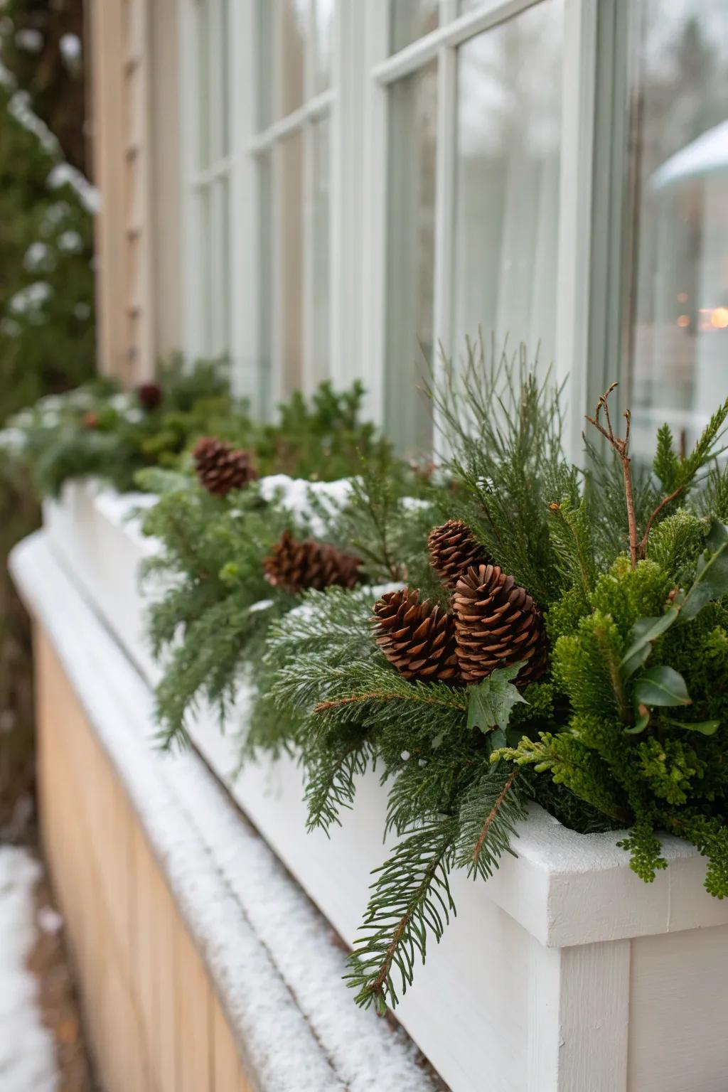 Pinecones interspersed amongst evergreens lend this window box an inviting and earthy charm.
