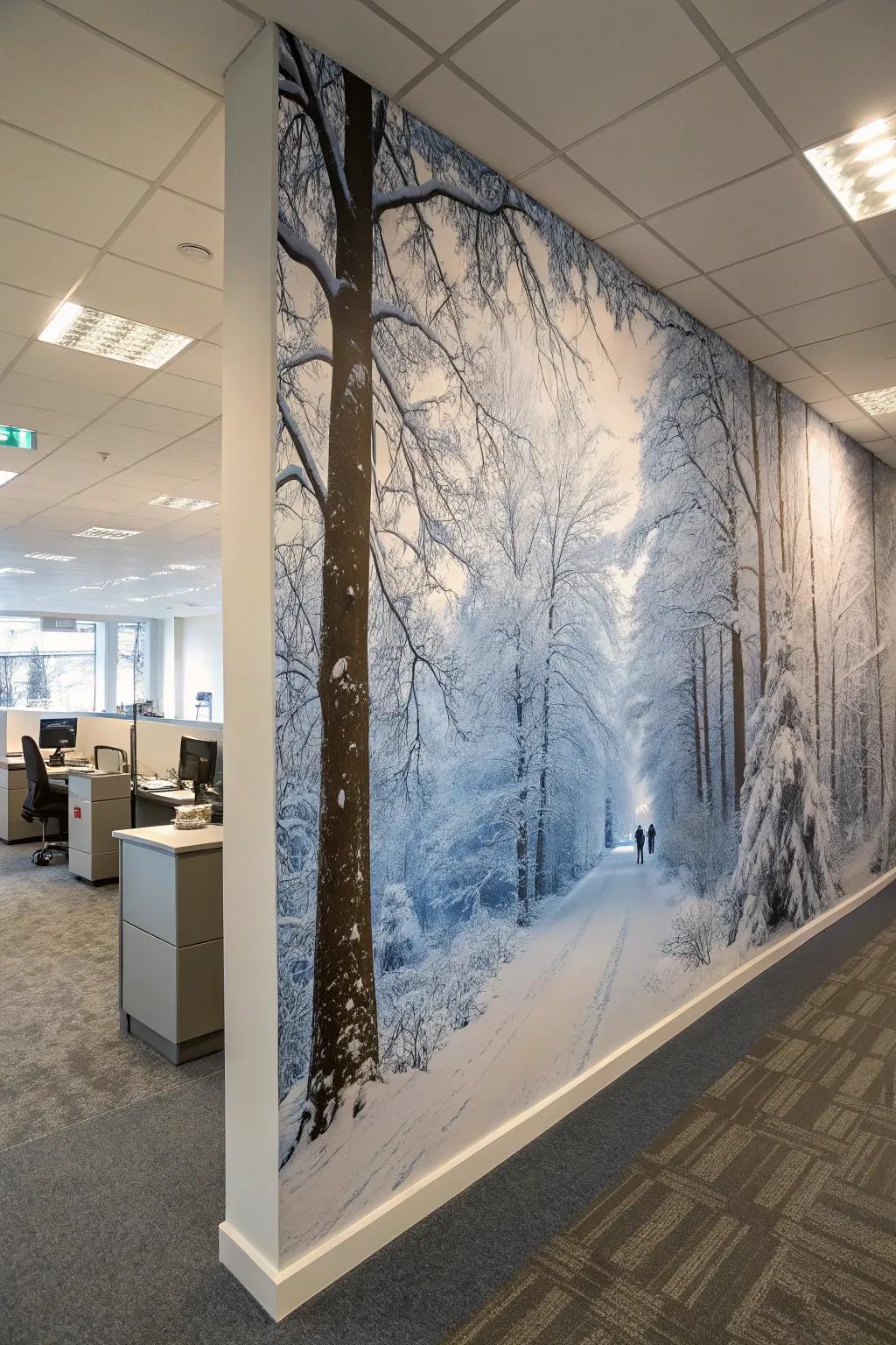 A winter woodland mural infuses the office setting with the splendor of nature.