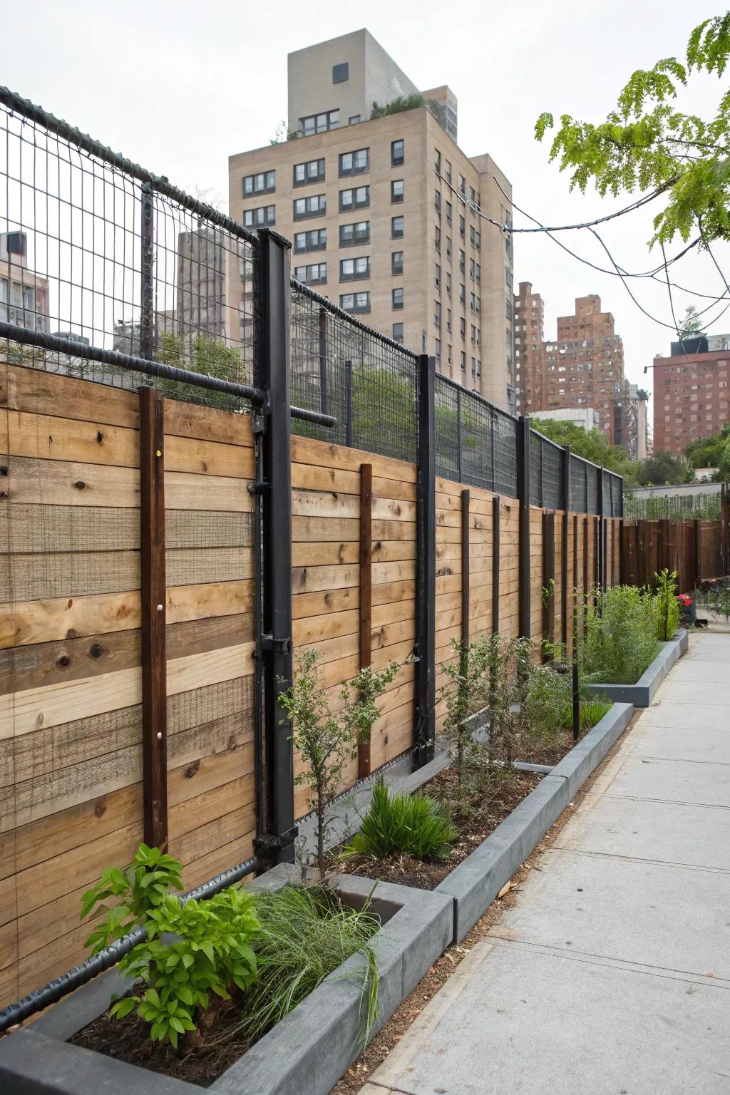 An industrial-inspired fence featuring natural wood and uncovered metal.