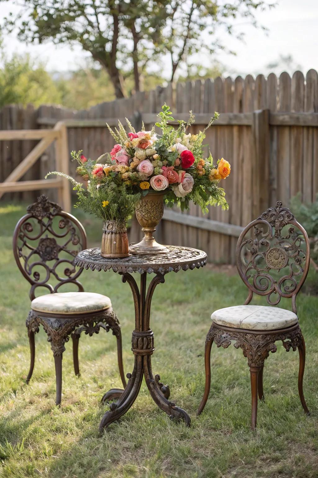Classic wrought iron pieces infuse outdoor gatherings with nostalgic charm.