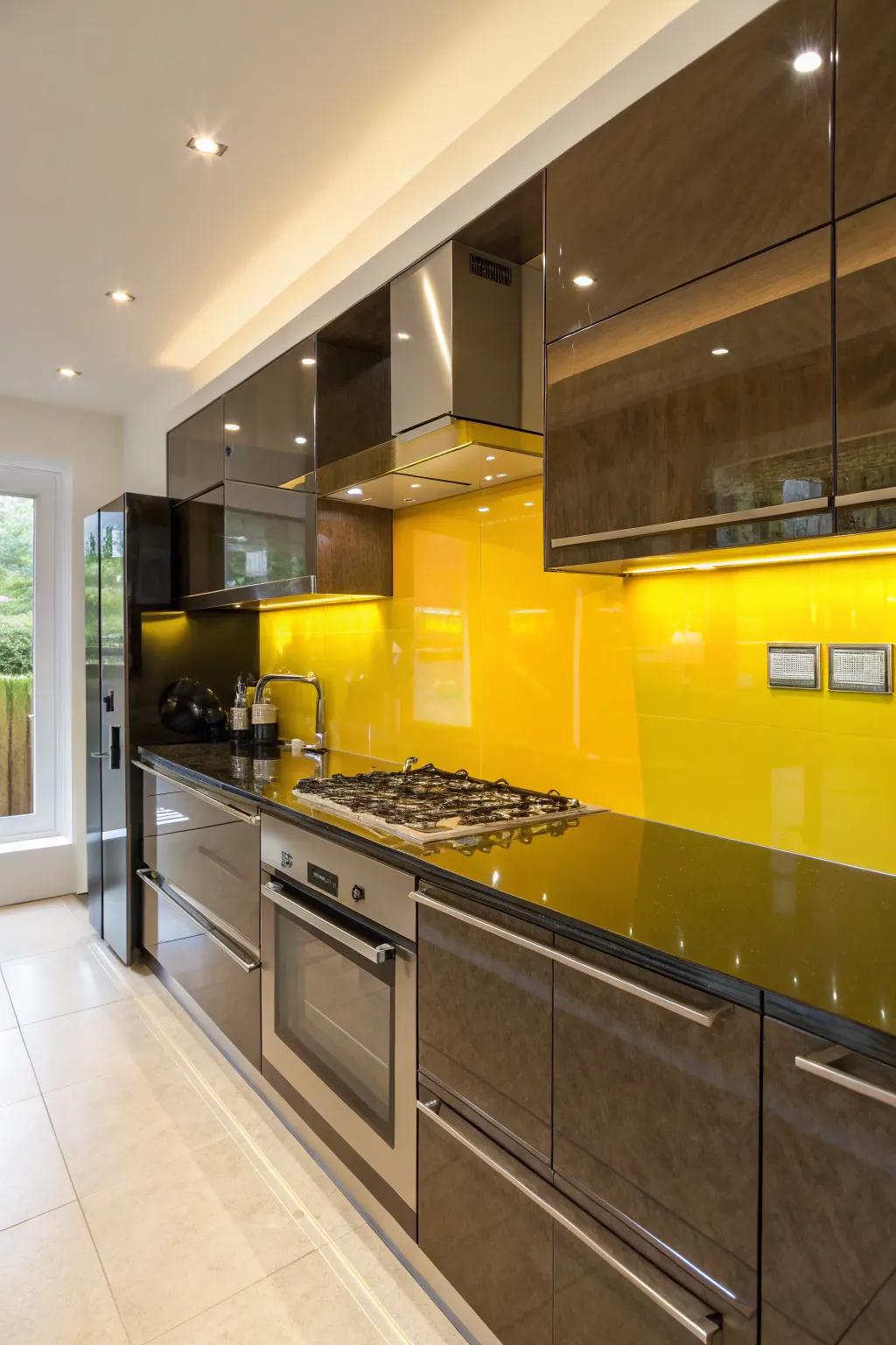 Goldish crystal panes design a sleek and reflective backsplash.