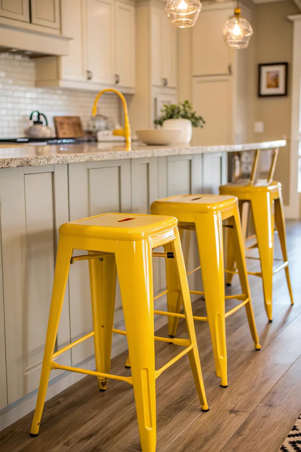 Yellow counter stools offer an uplifting contrast in a predominantly neutral kitchen.