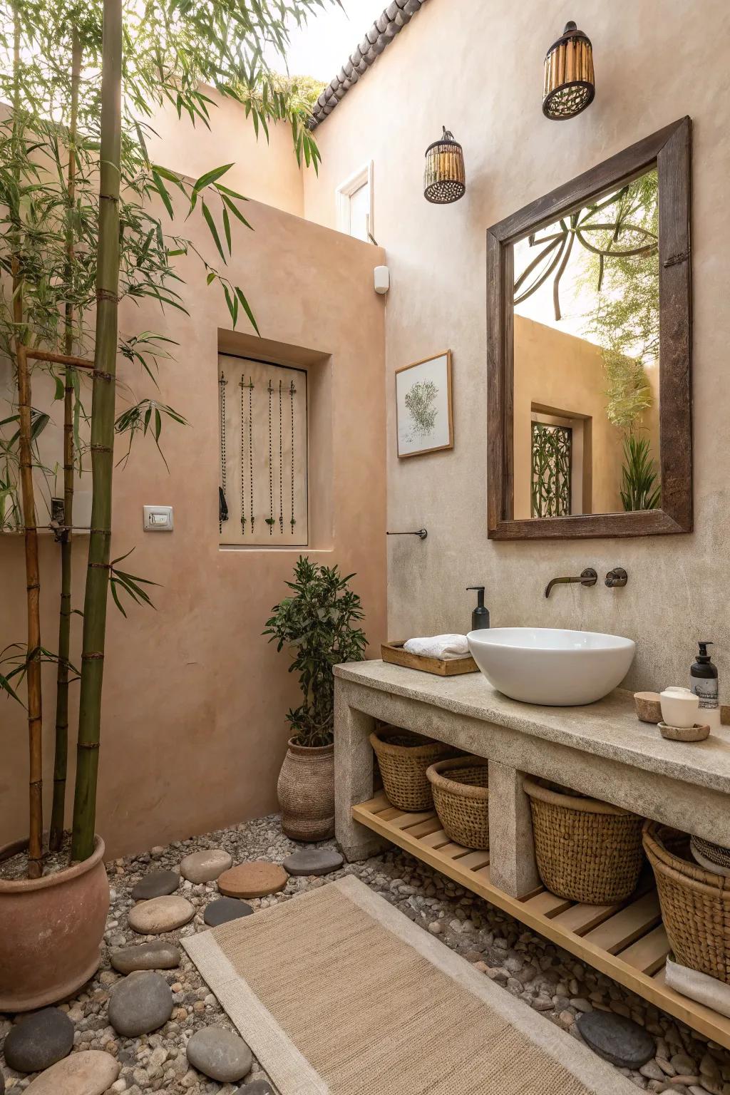 Nature-inspired shades offer a serene backdrop for a zen bathroom.