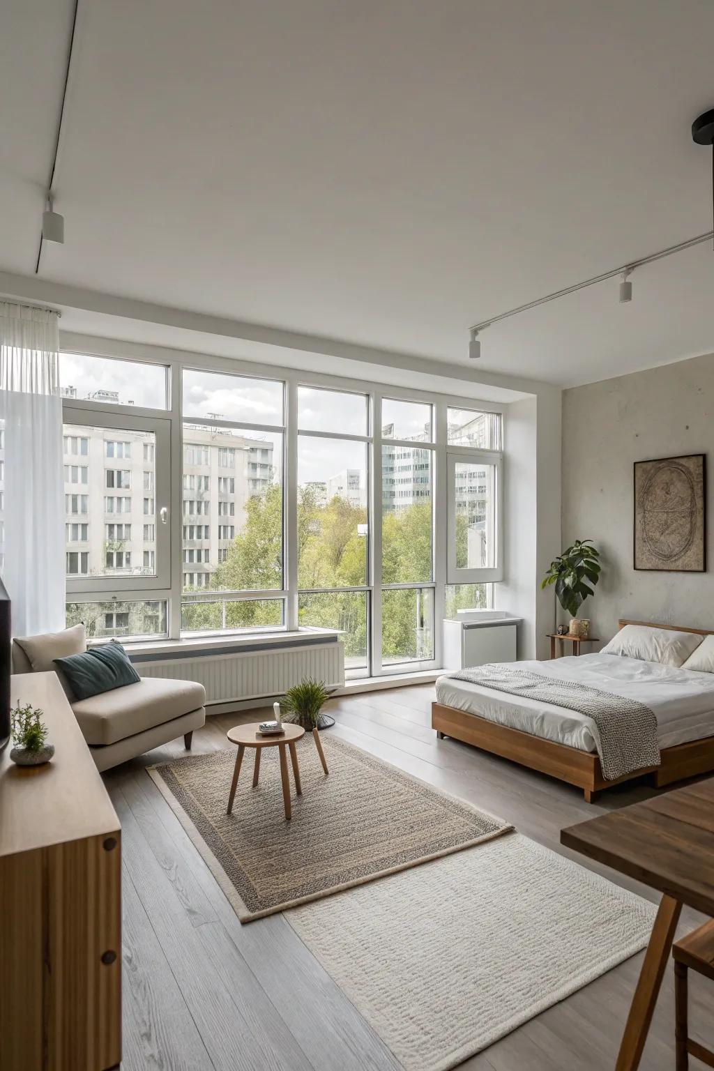 Streamlined furnishings aid in preserving a neat and roomy ambiance.
