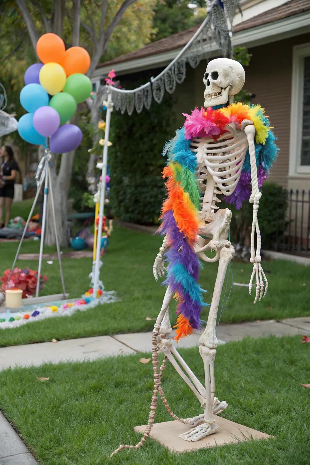 An alluring skeleton, accentuated by a feathered neckpiece, dominates the presentation.