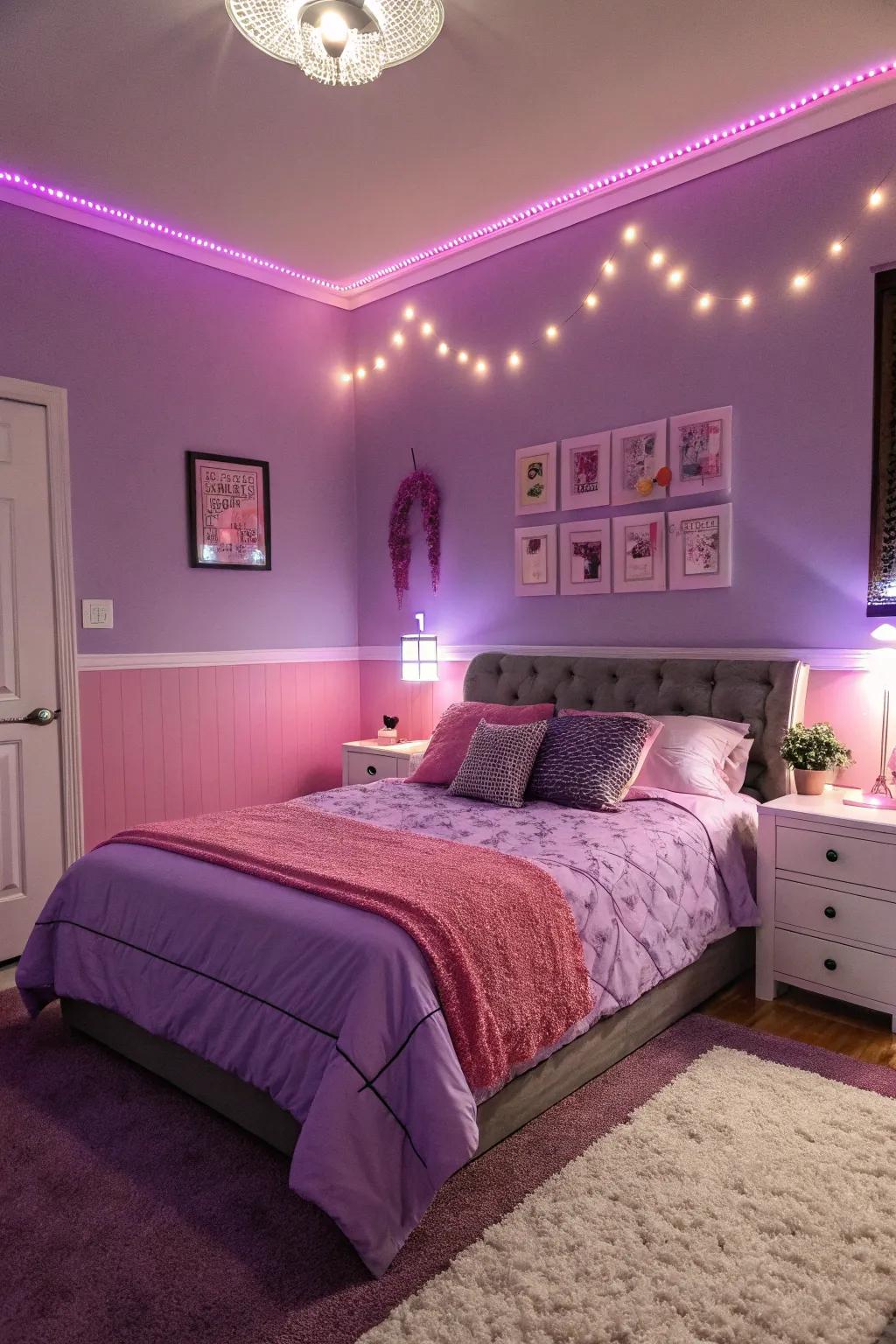 A harmonious lilac and roseate themed chamber adorned with LED illumination.
