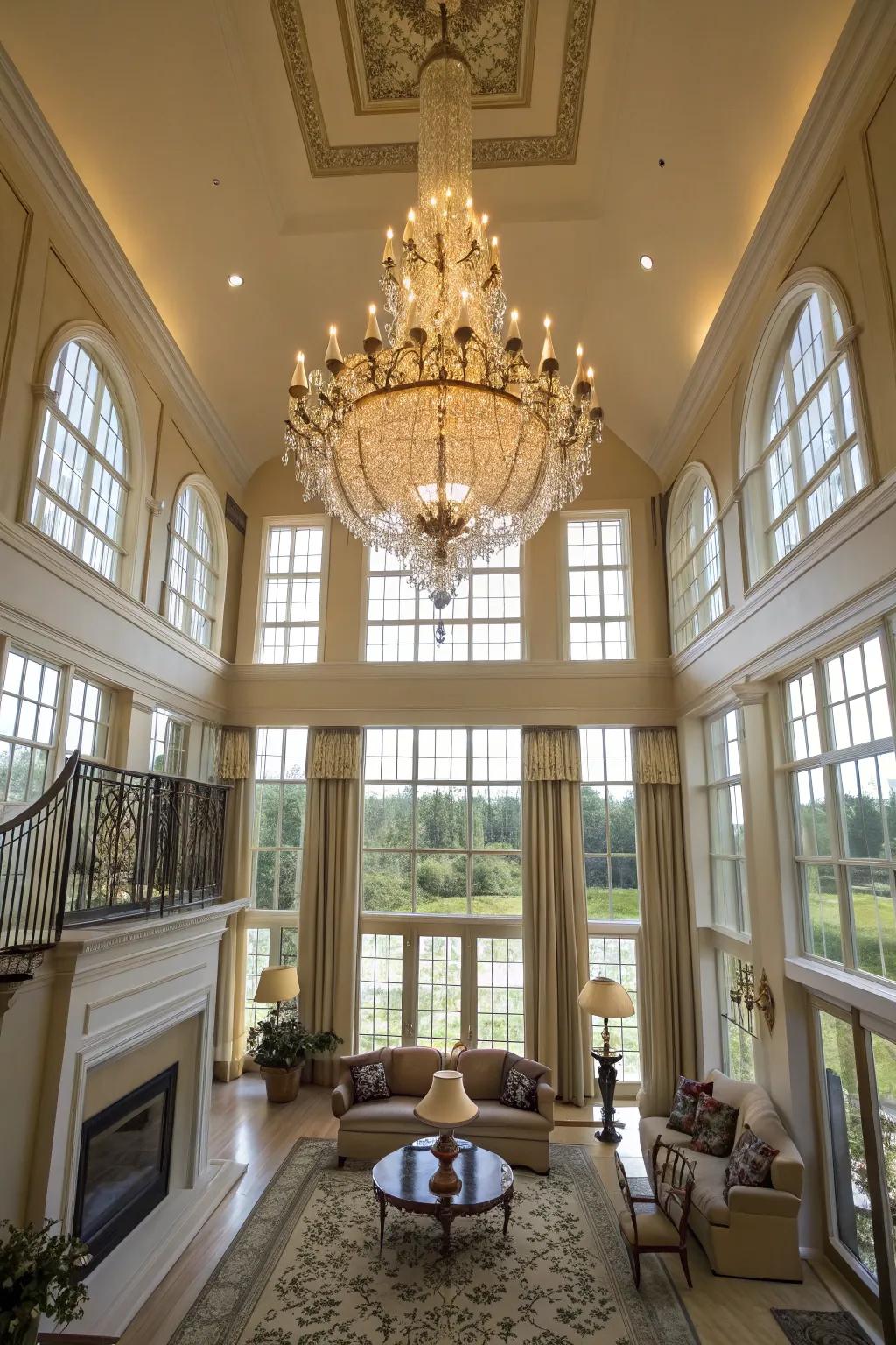 A magnificent chandelier introduces dramatic flair and elegance to the expansive living space.