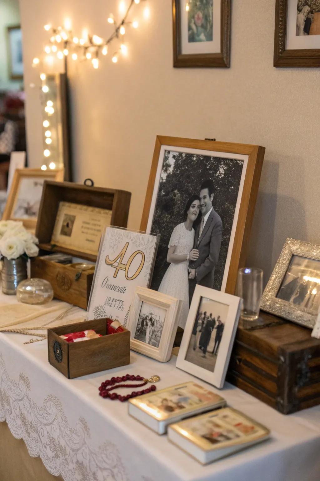 A memory lane table filled with beloved mementos and keepsakes.