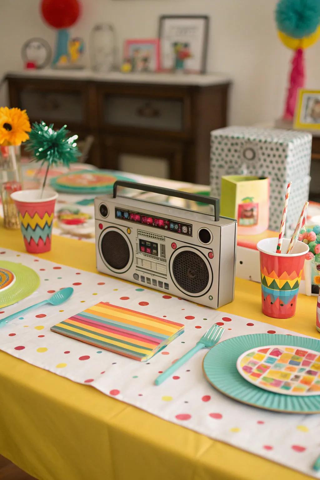 Boom box centerpieces incorporate a hint of 80s music culture.