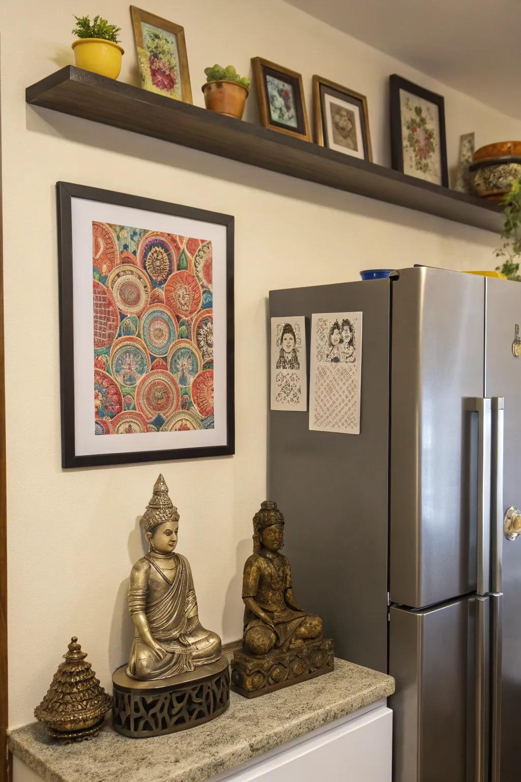 Decorative art above the fridge adds a personal touch.