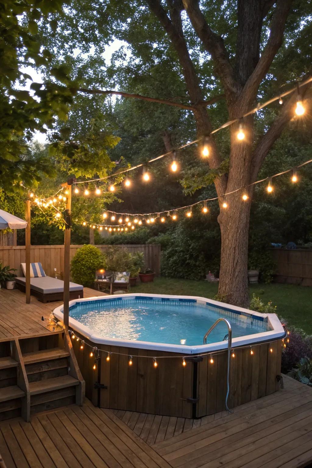 Festoon lights provide a magical atmosphere for nighttime swims.