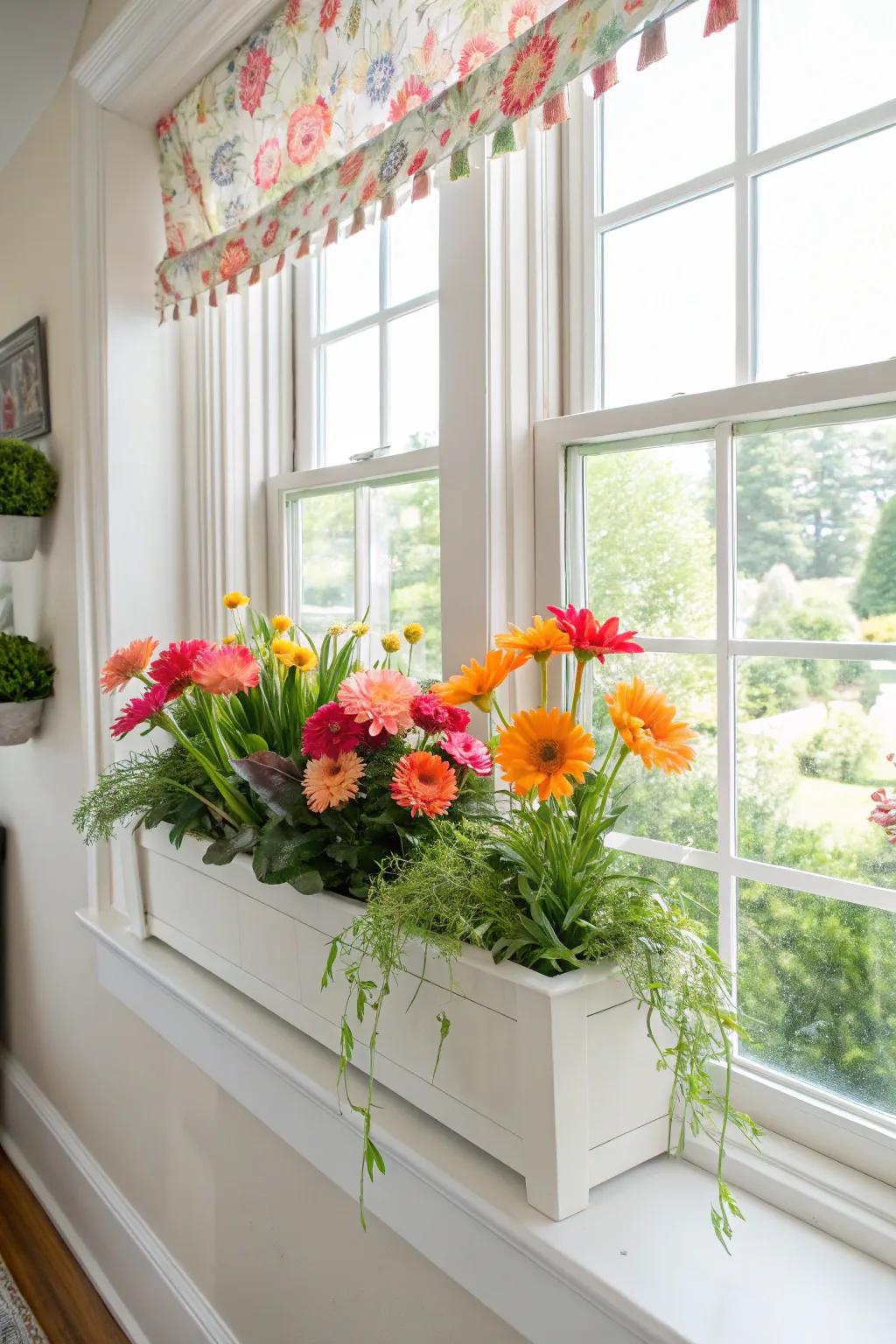 Window boxes infuse interior spaces with verdant appeal.