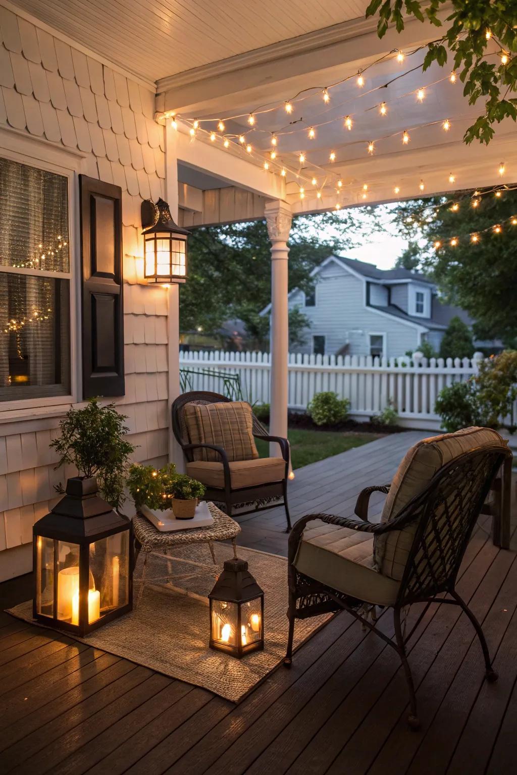 A warm and inviting porch enhanced by magical lighting.