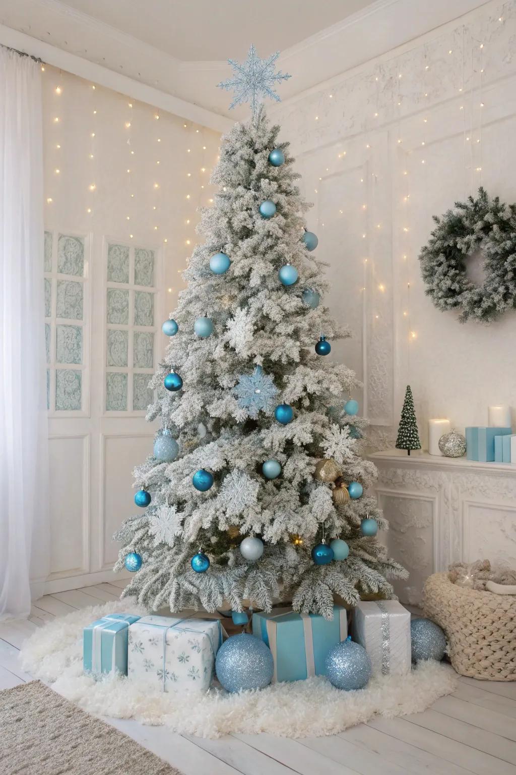 A frosty dreamscape-themed Christmas tree exhibiting a captivating snow-covered visual.