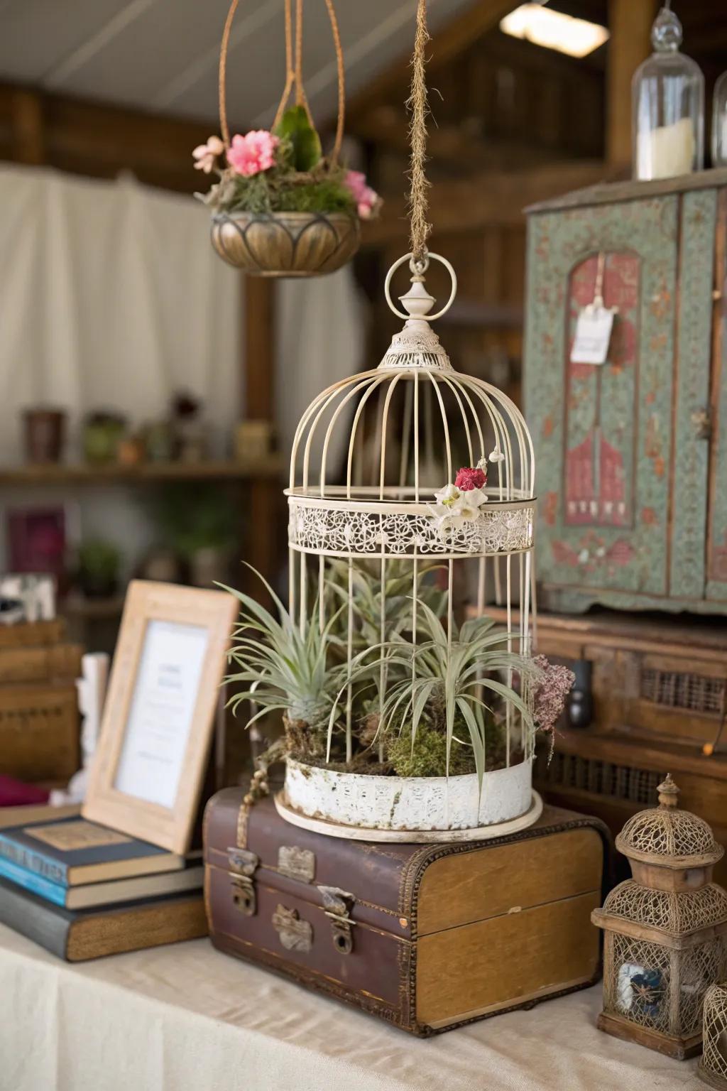 Birdcages append a fanciful element to air plant presentations.