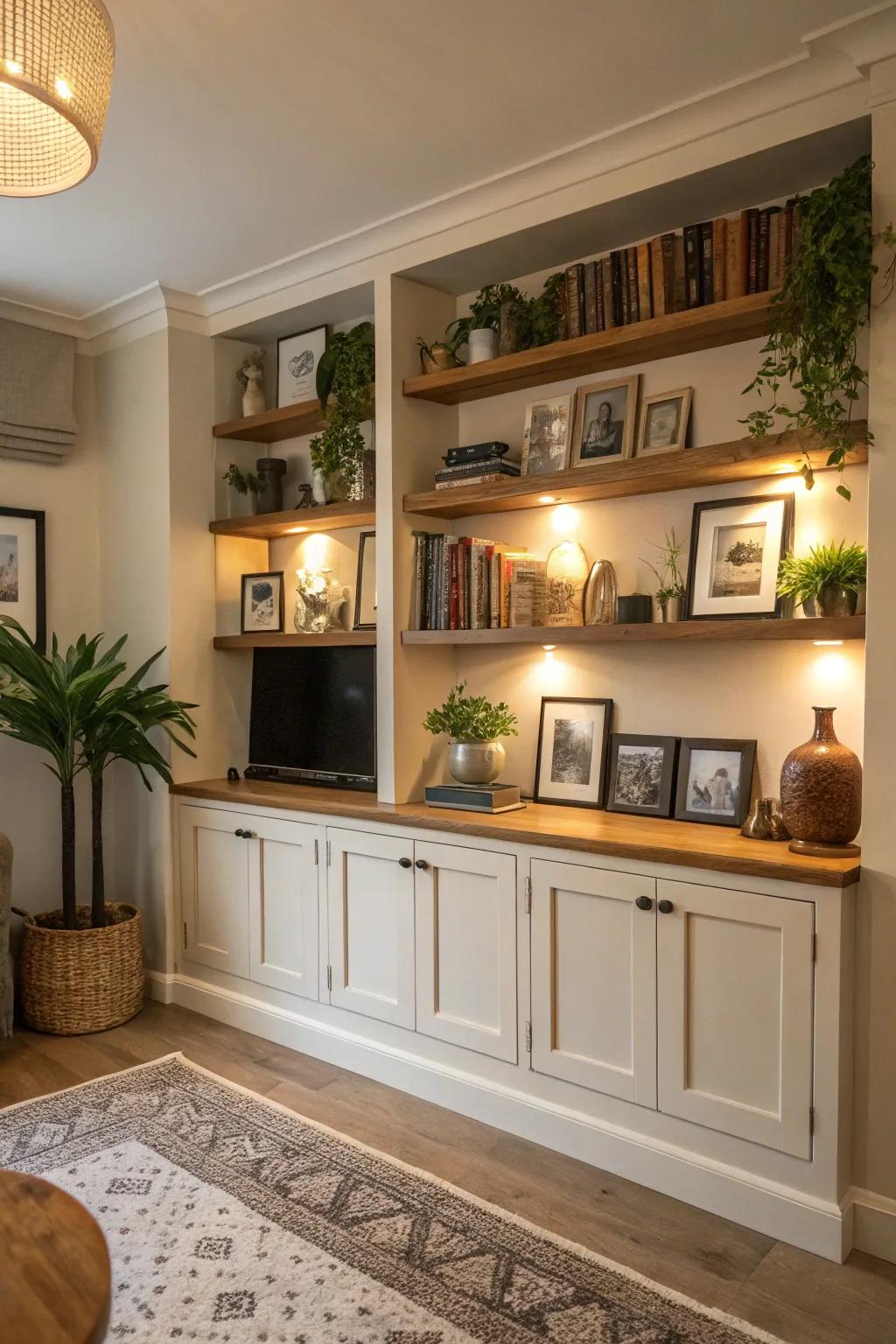 Amalgamate open platforms with concealed stowage for a neat aesthetic.