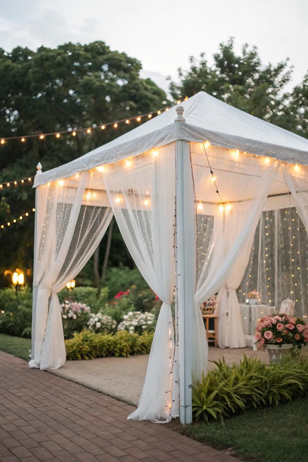 A captivating ivory pavilion setting, perfect for an al fresco celebration.