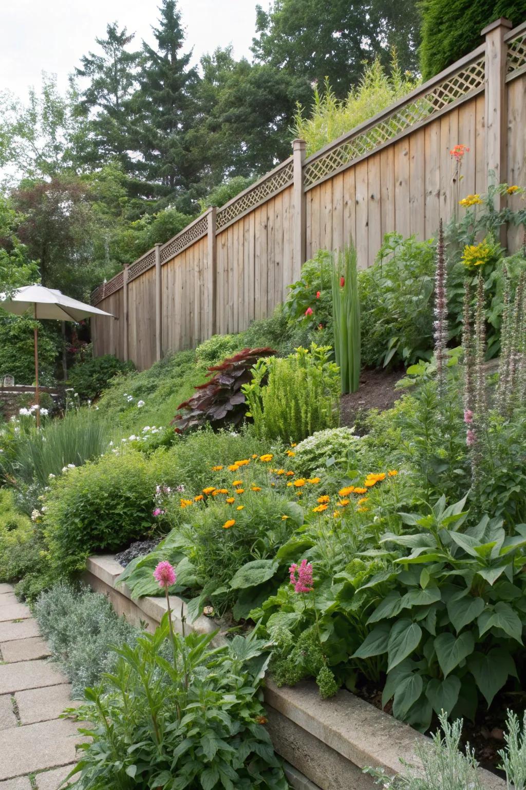 Tiered plants enhance dimension and intrigue.
