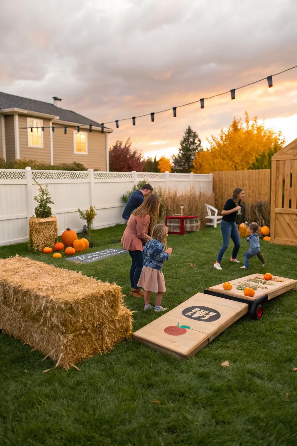 A backyard abounding with fun harvest festival games.