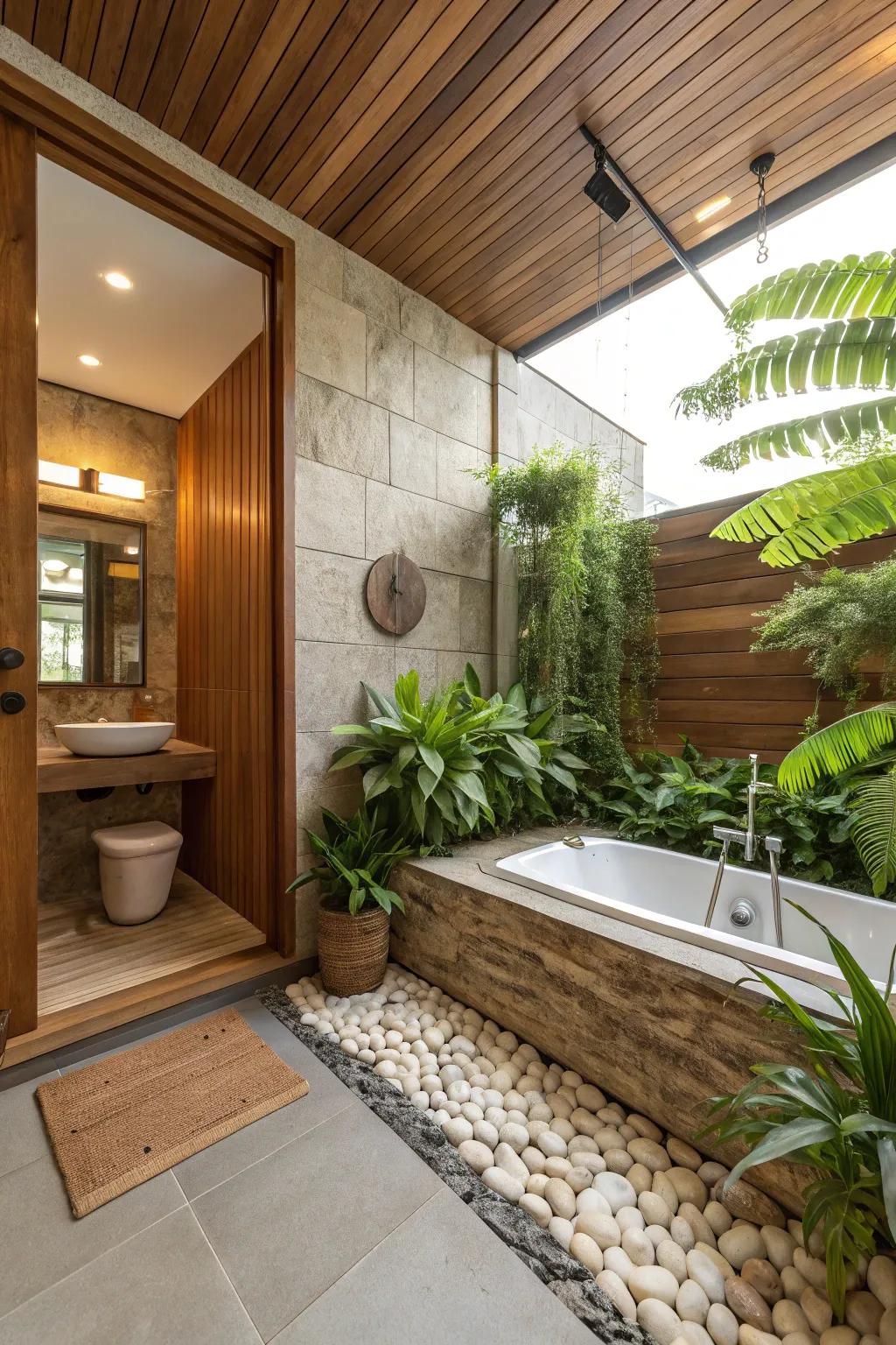 Organic accents fashion a peaceful and welcoming bathroom setting.