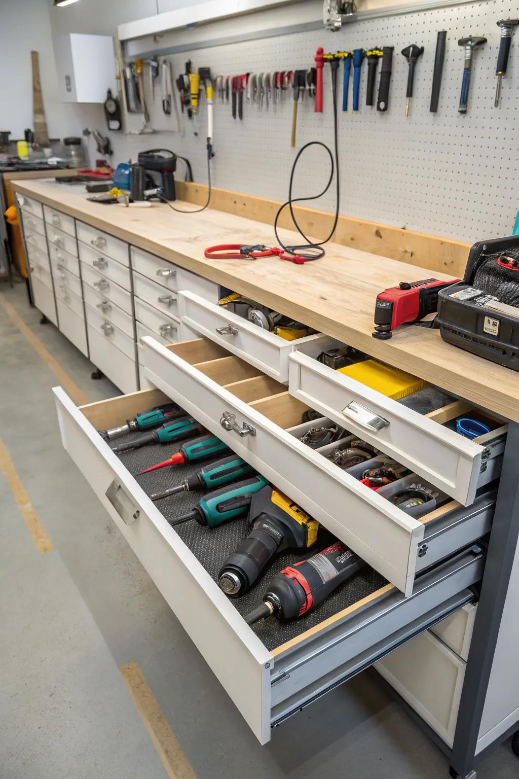 Beneath-bench storage ensures angle grinders are neatly tucked away yet accessible.