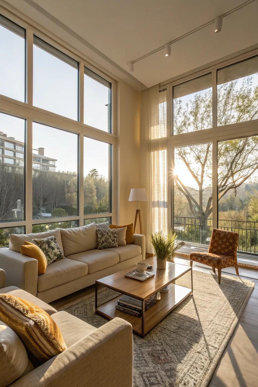 Natural light streams into this living area, enhancing its airy atmosphere.
